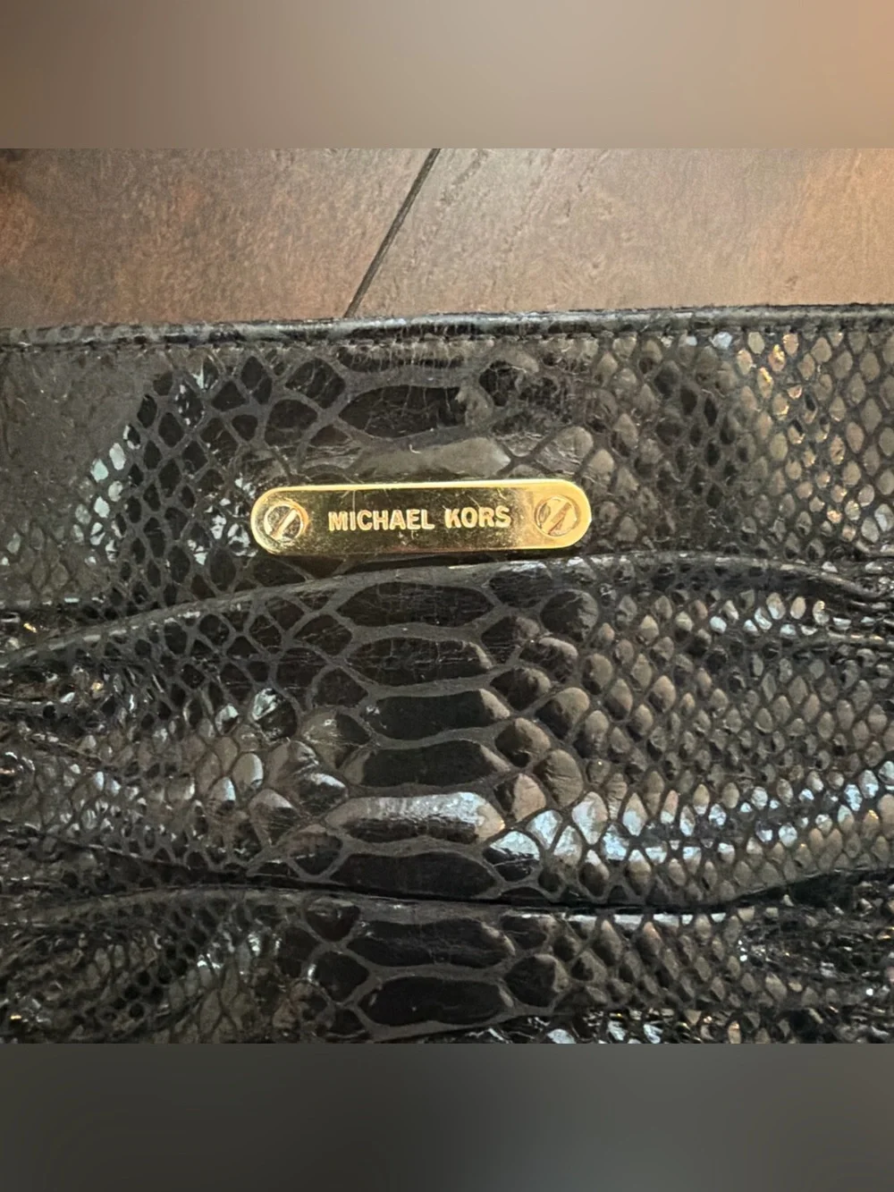 Michael Kors Black Snake-Embossed Shoulder Bag with Gold Plaque